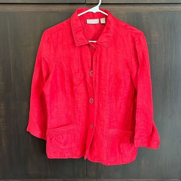 Chicos Linen Blend Red/Orange Button Front Blazer Jacket Top Medium - Picture 2 of 6